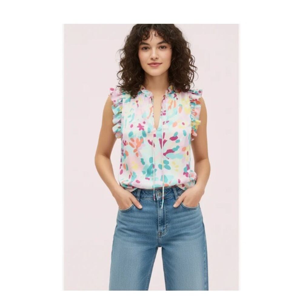 Kate Spade Painted Petals Tie Neck Ruffle Blouse Pink Blue Floral Small
